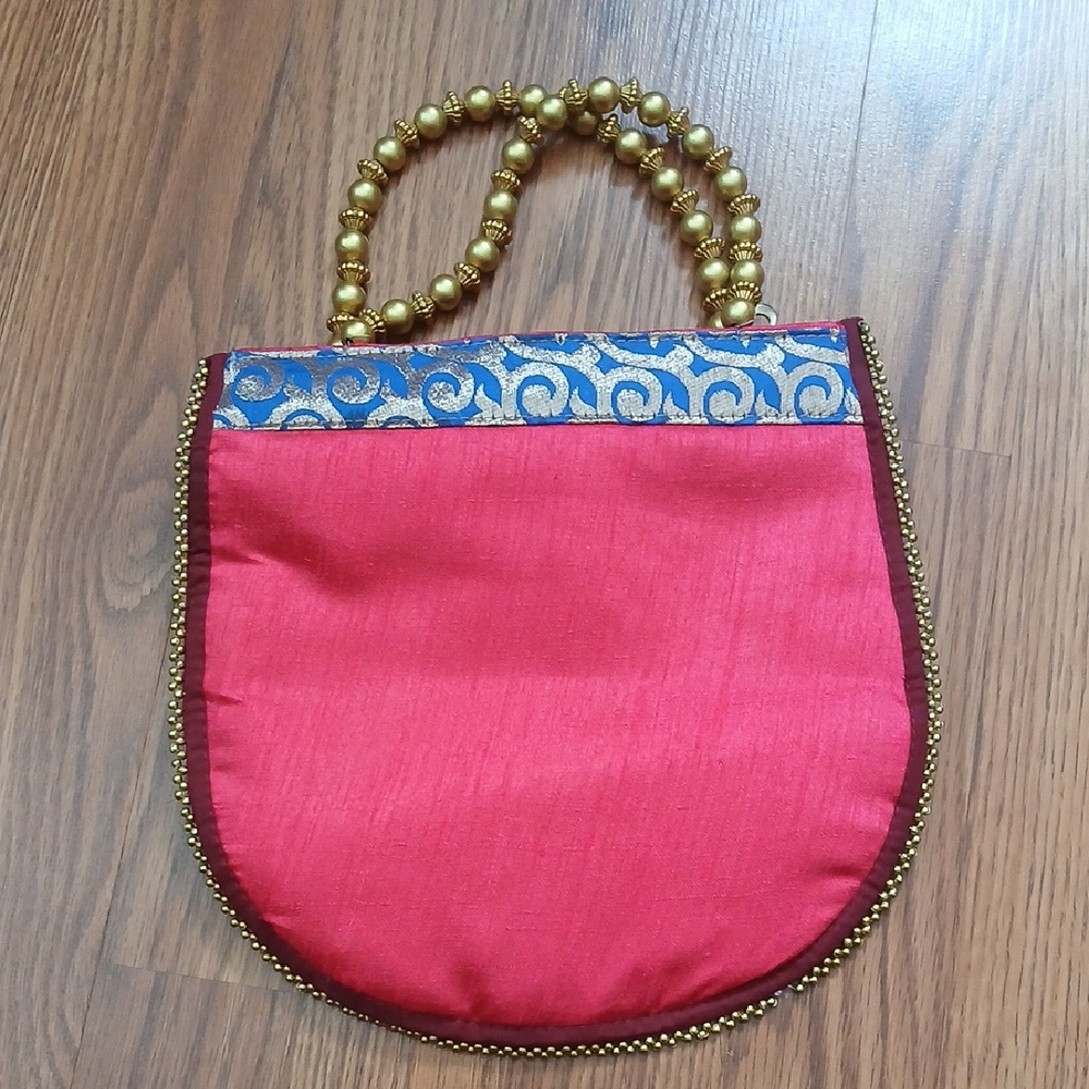 Unbranded Potli Evening Bag Womens Small Pink Gold Beaded Silk Brocade Ethnic
